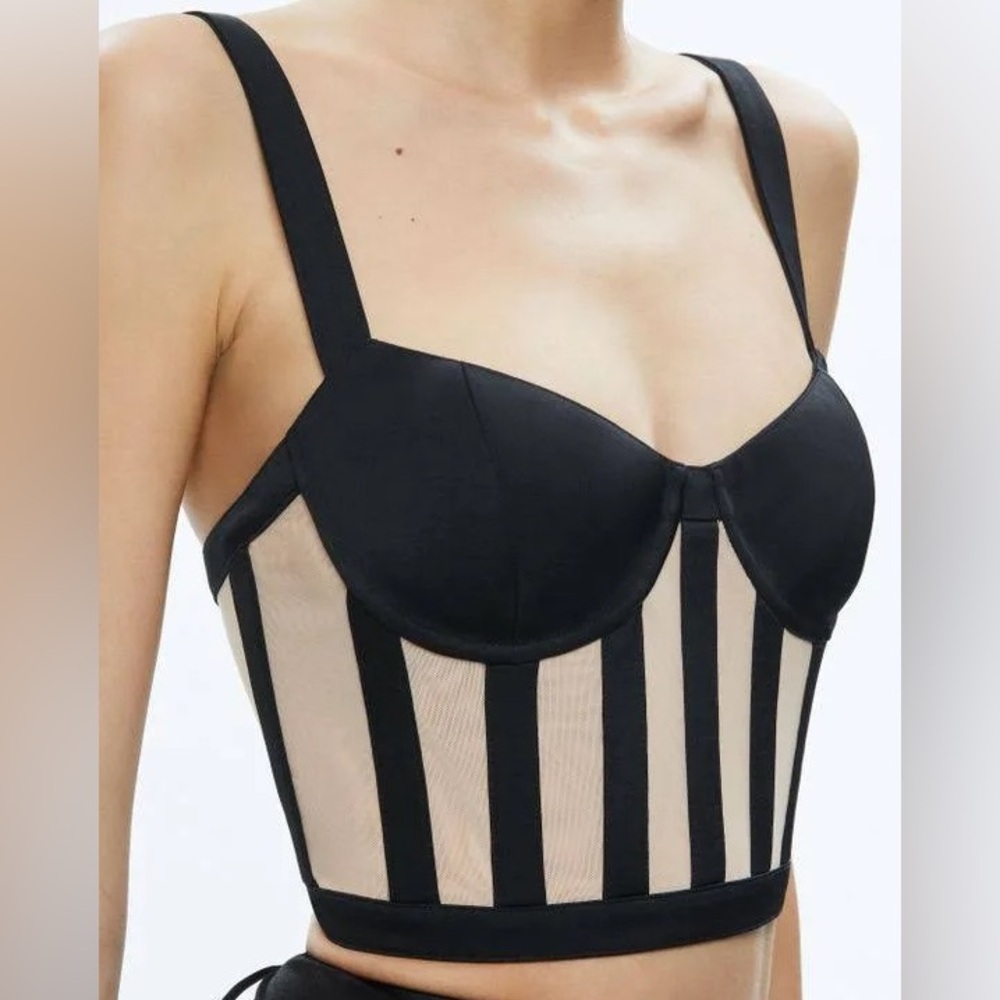Alice + Olivia Helene Striped Bustier Top in Black/Almond - Picture 3 of 9
